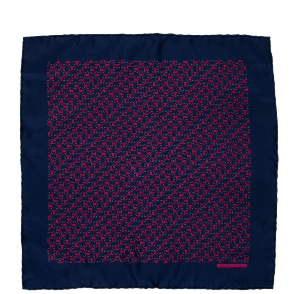 Hermes Navy and Red Patterned Horseshoe Pocket Square Silk Scarf